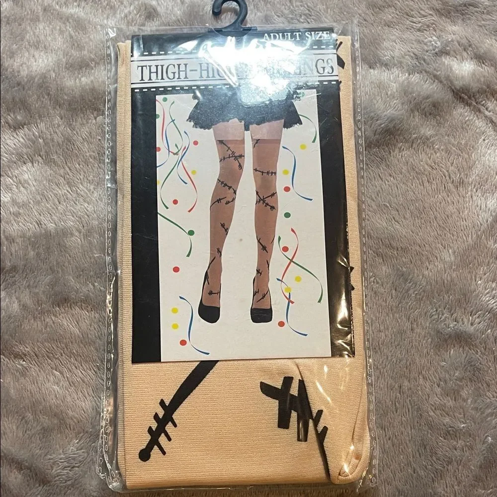 Beige Thigh-High Stockings with Black Stitch Design NEW